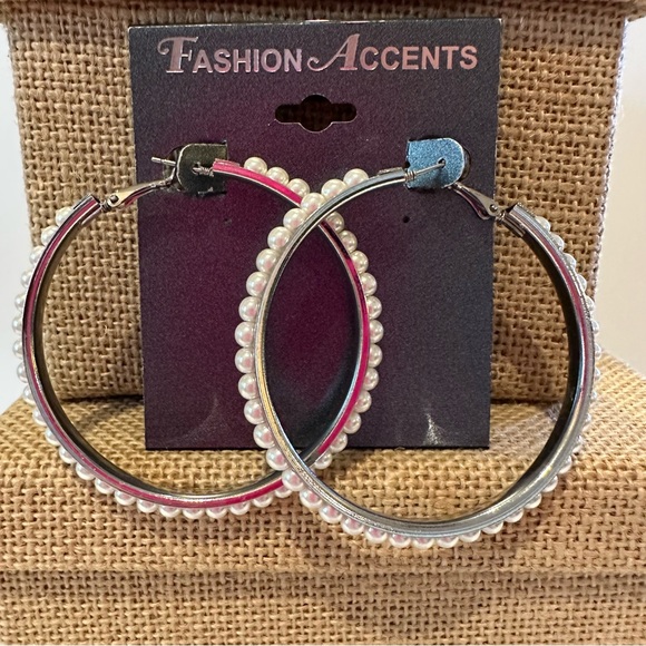 NWT Fashion Accents Earrings - Big Hoops silver tone covered in faux pearls - Picture 2 of 12